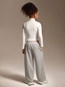 SHEIN 2 件套女童运动服套装，长袖开衫和裤子，舒适弹力面料，四季皆宜