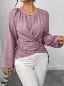 Elenzga Women's Beaded Wrap-Style Cinched Waist Shirt, Autumn/Winter - Baby Pink - View 7