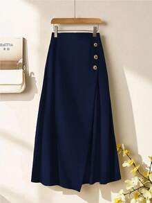 Franclia Fashionable Casual & Commute Pleated A-Line Skirt With Side Buttons, Spring/Autumn - Navy Blue - View 4