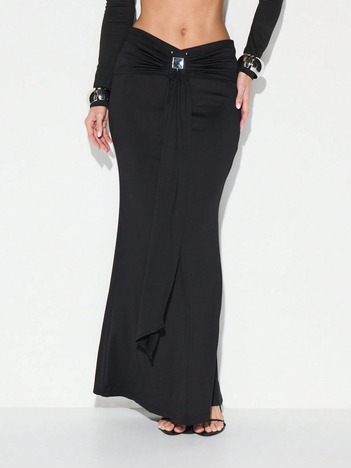 KIZN Ruched Maxi Skirt With Metal Hardware