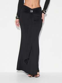 KIZN 褶饰细节超长裙，金属配件装饰晚会长裙 - 黑色 - 查看 3