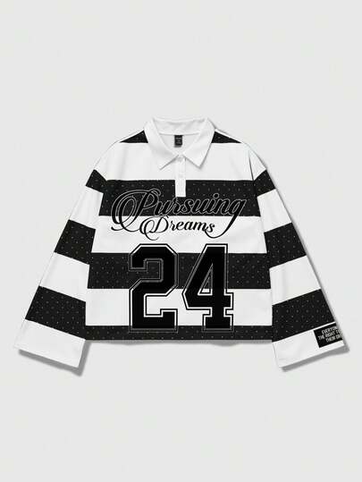 Street Life Men's Preppy Striped Collar Long Sleeve Printed T-Shirt, Casual College Style Top