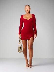 MISSGUIDED Long Sleeve Bodycon Mini Dress With Sweetheart Neckline And Side Slit For Evening Party - Red - View 3