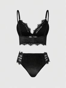 ROMWE Goth 哥特式天鹅绒蕾丝三角杯丁字裤内衣套装