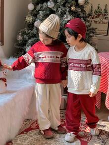 Genkimix Kids 2pcs/Set Young Girls Korean Style Casual Outfit, Graphic Print & Knit Patchwork Long Sleeve T-Shirt Top + Loose Straight Pants, Spring/Autumn - Burgundy - View 1