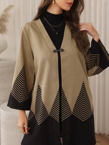 Lacomfia Women's Fashionable Elegant Casual Metal Buckle Printed Flare Sleeve Loose Stylish Daily Arabic Autumn/Winter Top Jacket