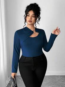 Elenzga Camiseta de manga larga ajustada con diseño de anillo de unicolor para mujer - Azul - Ver 6