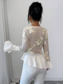 SHEIN Raffinéa Women's Elegant And Romantic Autumn Top With Patchwork Jacquard Floral Pattern, Asymmetric Hem, And Flared Sleeves, Perfect For Dates And Outings. - Apricot - View 2