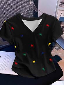 SHEIN BASICS Casual Minimalist Vintage Coin & Pony Print V-Neck T-Shirt For Women, Versatile Style Suitable For Spring, Summer, Early Autumn - Black - View 6