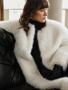 Ontre 2025 Women's Elegant Winter White Faux Fur Coat,Modern Urban Soft Milky Round Neck Loose H-Line Jacket,Evening Casual Commute Apparel With Pockets - Beige - View 2