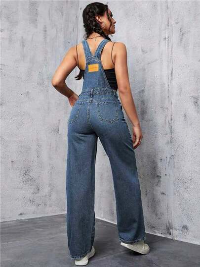 SHEIN EZwear Mono vaquero de pierna ancha con diseño de bolsillo con parche de letras para mujer