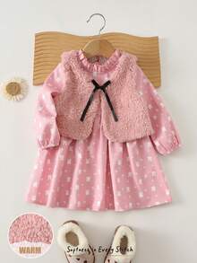 Cozy Pixies 2 Stücke Baby Mädchen Set mit Schleife Dekor Fleeceweste & Polka Punkt Langarm Taille Raffung Kleid, warm & dick, geeignet für den Winter - Pink - Übersicht 4