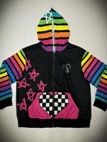 Sunspun 大码朋克彩色条纹和心形装饰连帽开衫连衣裙 - 彩色 - 查看 8