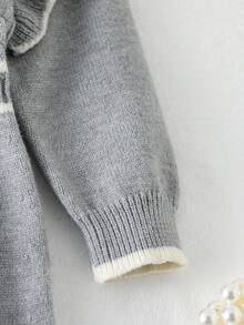 Vestido de suéter de manga larga con cuello con volantes y cuerda trenzada para niñas bebés, cómodo para otoño/invierno, color albaricoque, de moda y versátil para uso diario, en casa, al aire libre, viajes - Gris - Ver 6