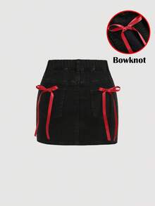 Girlism Tween Girl Y2k Vintage Cute Red Ribbon Bowknot Black Denim Mini Skirt Fall Winter,For Girls Fall/Winter Dailywear Outfits,Girls Streetwear Outfits,Halloween Outfits,Christmas Outfits,Winter Clothes,Teen Skirt,Christmas Skirt,Cherry Outfit,Red And Black Outfit For Girls, Girl Outfit Set,Cherry Sweater,Red Bow Skirt