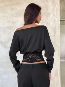 Aloruh Women's Off-Shoulder Long Sleeve Contrast Lace Fashion T-Shirt,Black Top,Sexy Top