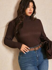 Elaquor Plus Size Solid Color Turtleneck Fitted Elegant Long Sleeve T-Shirt Brown - Coffee Brown - View 7
