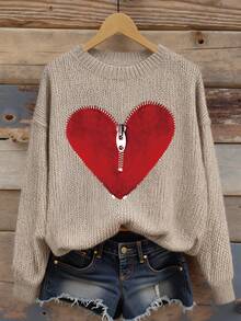EMERY ROSE 女式心形拉链图案针织毛衣，舒适圆领长袖上衣，适合日常穿着