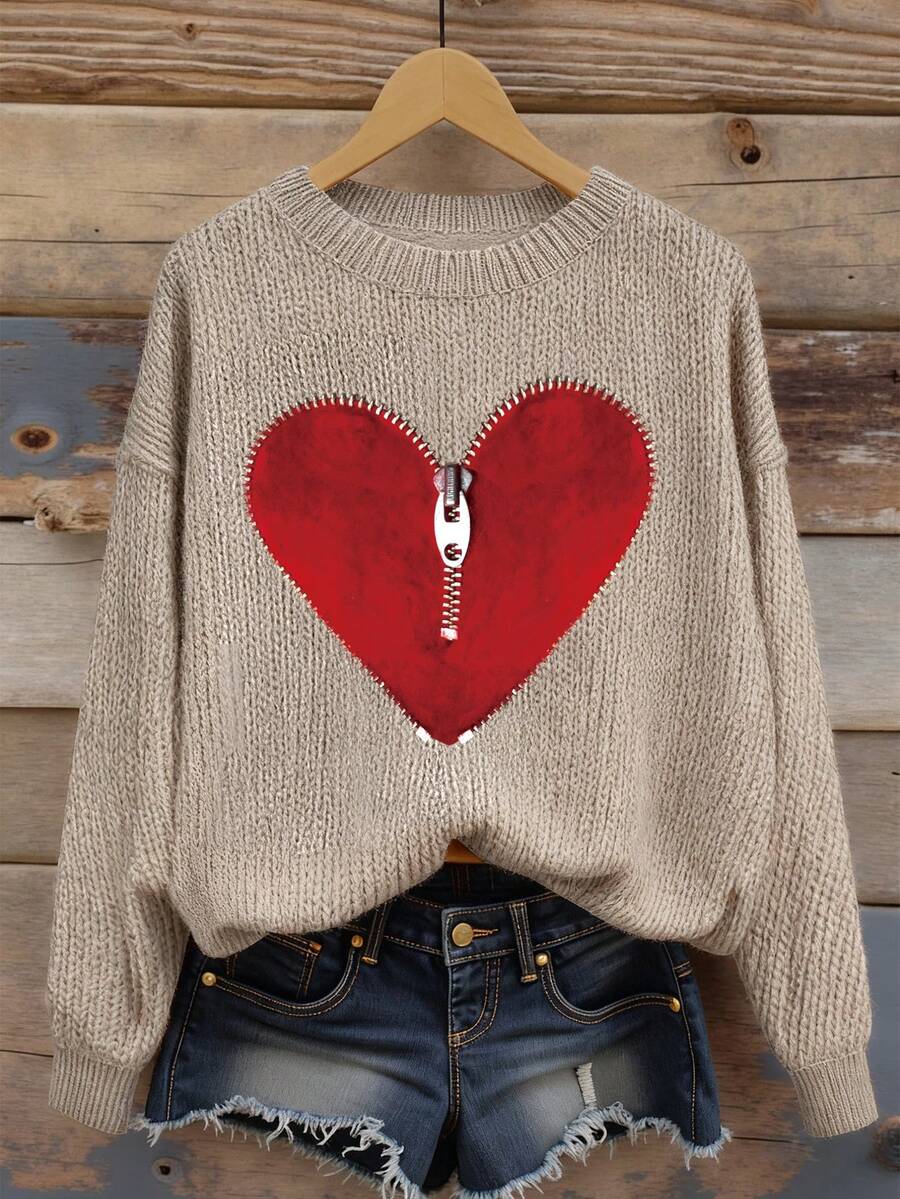 EMERY ROSE 女式心形拉链图案针织毛衣，舒适圆领长袖上衣，适合日常穿着