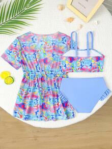Young Girl V-Neck Short Sleeve Casual Allover Print Summer Bikini With Ruffled 3 Pieces Set Summer Girls Sets Summer Two Pieces Sets Teens Swim Suit 3pcs Set Bikini With Sarong Skirt Girls Matching Sets Vacation Girls Three Piece Swimsuit Summer Two Piece Set Teens Swim Suit - Multicolor - View 2