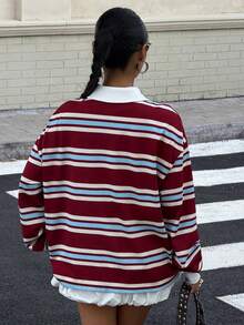 Muchica 女式休闲条纹纽扣上衣和迷你裙套装，街头风格 - 彩色 - 查看 2