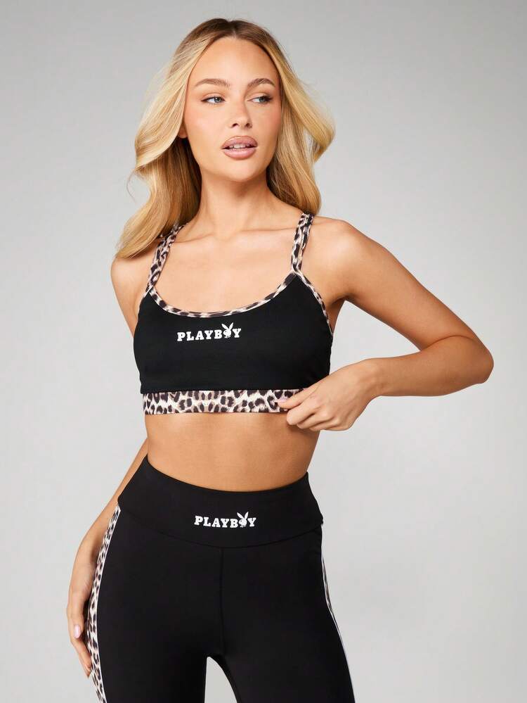 Missguided x Playboy Cross Over Back Sports Bra With Leopard Print Trim For Active Lifestyle And Gym Workouts