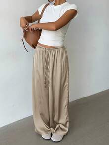 Aloruh 女式低腰休闲复古缎面百搭卡其色麻灰色长裤 - 卡其色 - 查看 7