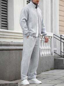 Manfinity Homme Men's Solid Color Raglan Sleeve Zip Front Jacket And Pants Casual Suit, Autumn Men Grey And White Set Men Co Ord Set Men 2 Pieces Set Street Men Joggers Suit - Light Grey - View 3