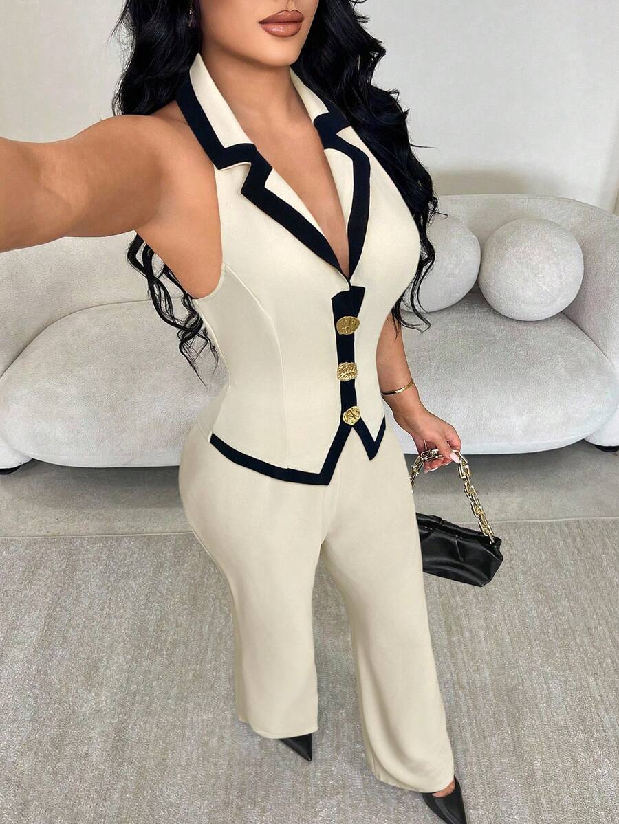 SHEIN SXY 女士撞色翻领金属纽扣装饰吊带上衣和喇叭裤时尚两件套裤装,女士两件套优雅套装 - 杏色 - 查看 1
