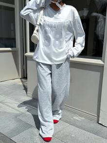 SHEIN Explorewe Bộ 2 áo thun dài tay cổ chữ V phong cách thường ngày đi học cho bé gái tuổi teen, áo thun thể thao và quần ống đứng rộng rãi đa năng, thích hợp mặc thường ngày, đi làm và đi học vào mùa thu và mùa xuân - Nhiều màu - Xem 2