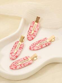 ROMWE Kawaii 4pcs Cute & Stylish Pink Leopard Print Hair Clips For Women, Casual Versatile Side Bangs Clips Suitable For Daily Life And Outdoor Activities - 4Pcs pink leopard print - View 4