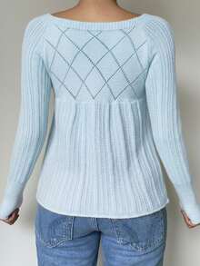 SHEIN EZwear Women's Regular Solid Color Round Neck Front Button Long Sleeve Cardigan In Fall/Winter - Baby Blue - View 2