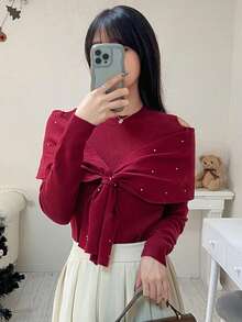FRIFUL Suéter casual versátil de mujer de cuello redondo sólido rojo, de manga larga con hombros descubiertos, 2 en 1 con cuello de chal, decoración de rhinestones, ajustado y delgado, para otoño/invierno - Rojo - Ver 1
