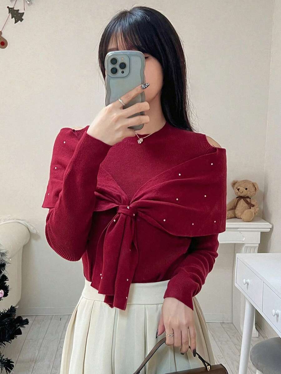 FRIFUL Suéter casual versátil de mujer de cuello redondo sólido rojo, de manga larga con hombros descubiertos, 2 en 1 con cuello de chal, decoración de rhinestones, ajustado y delgado, para otoño/invierno - Rojo - Ver 1