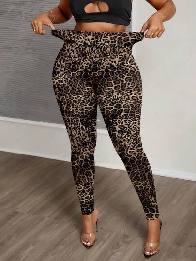 Slaydiva Plus Size Women's Casual Leopard Print Full-Width Pattern Leggings, Suitable For Spring/Autumn, Street Style, Y2K Leopard Leggings Leopard Print Pants Cheetah Print Bottoms