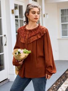 SHEIN Frenchy Plus Size Women Ruffle Hem Blouse, Casual Commuter Shirt Thanksgiving - Rust Brown - View 3