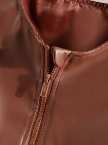 Tween Girl Casual PU Leather Zip-Up Round Neck Puff Sleeve Jacket, Autumn - Brown - View 6