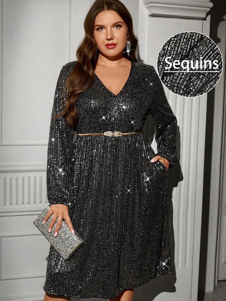 Plus Size Women's Solid Color V-Neck Lantern Sleeve Pocketed Sequin Embellished Elegant Dress  Party Dress Elegant Dresses For Party Winter Dress Autumn Dress New Year Dress Sequin Skirt Sequin Dress Sparkly Dress New Year Dress  Party Dress Elegant Dresses For Party Long Party Dresses Wedding Party Dress Evening Dress Chic Wedding Winter Clothes For Women Cozy Fall And Winter Clothes For Women Elegant Dresses For Party