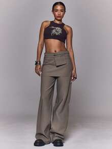 MUSERA Váy ngắn xếp lớp, quần ống đứng, thích hợp mặc đi chơi hàng ngày, đi chơi tối, phong cách thường ngày, cá tính, thời trang đường phố, thanh lịch, mùa hè, kỳ nghỉ, lễ hội. - Màu Khaki - Xem 1