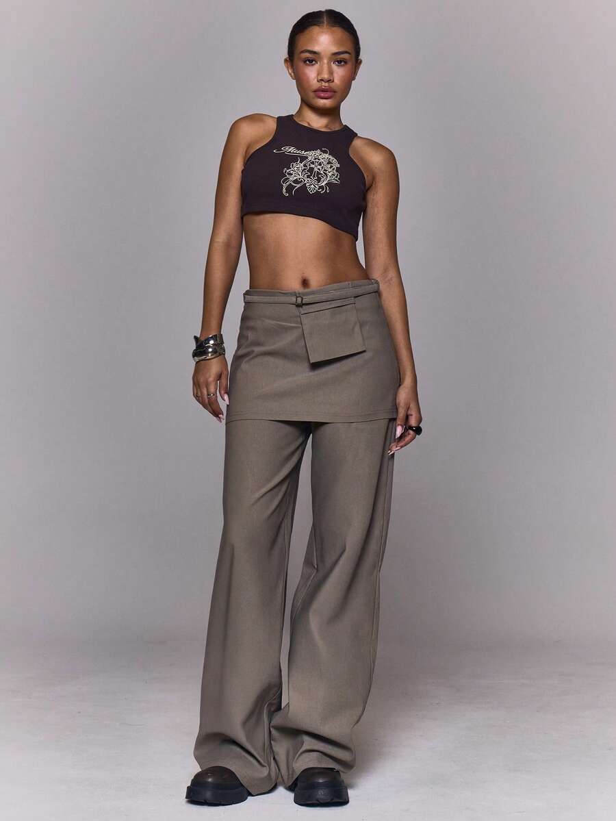 MUSERA Váy ngắn xếp lớp, quần ống đứng, thích hợp mặc đi chơi hàng ngày, đi chơi tối, phong cách thường ngày, cá tính, thời trang đường phố, thanh lịch, mùa hè, kỳ nghỉ, lễ hội. - Màu Khaki - Xem 1