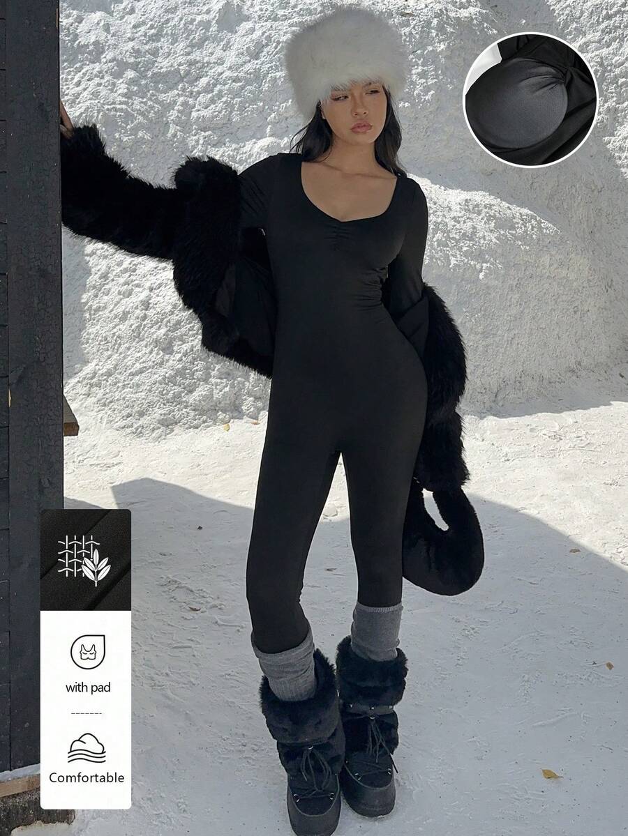 Flirla Women's Autumn/Winter Fashion Slim Fit Solid Black Yoga Jumpsuit With Chest Pad Design, Pleated Front, Versatile For Casual, Yoga, Fitness - Black - View 1