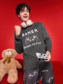 SHEIN Conjunto de ropa de estar en casa con estampado de letras y consola de juegos de manga larga para hombres, ropa de invierno, Navidad - Gris Oscuro - Ver 6