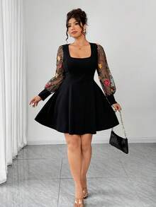 Elenzga 大码女式方领纯色网眼拼接刺绣长袖高腰喇叭裙优雅连衣裙 - 黑色 - 查看 7