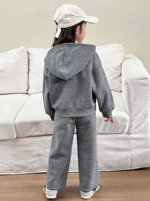 Genkimix Kids Young Girl Letter Print Zip-Up Hoodie And Sweatpants Casual Set, Autumn - Grey - View 2