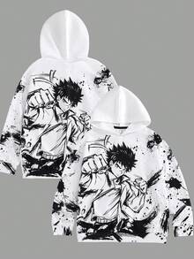 SHEIN 青少年男孩休闲韩日街头风动漫图案卫衣，适合日常、上学、户外、运动、度假、圣诞节秋冬服装女孩 - 白色 - 查看 2