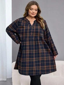 SHEIN CURVE+ 特大秋季女式前扣长袖格子休闲迷你连衣裙 - 彩色 - 查看 5