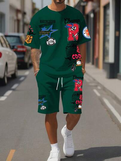 Manfinity Homme Men's Colorful Graffiti Print Crew Neck Short Sleeve T-Shirt And Shorts Set