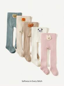 Cozy Pixies 1双装 宝宝儿童布朗熊可爱刺绣图案保暖中厚打底连裤袜适合外出 - 咖啡棕 - 查看 3