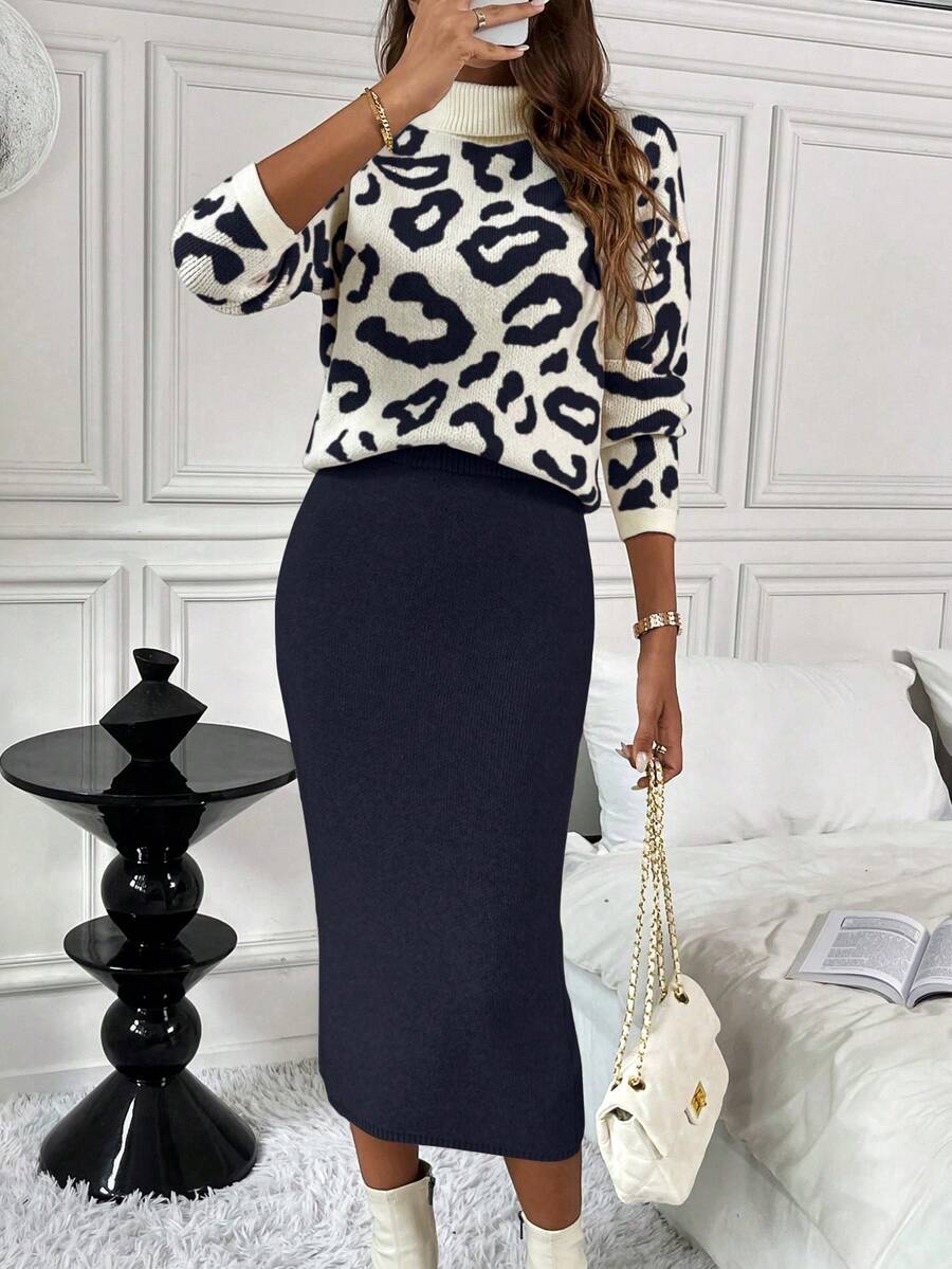 SHEIN LUNE 2pcs Leopard Print Fitted Elegant Knit Sweater Set - Navy Blue - View 1