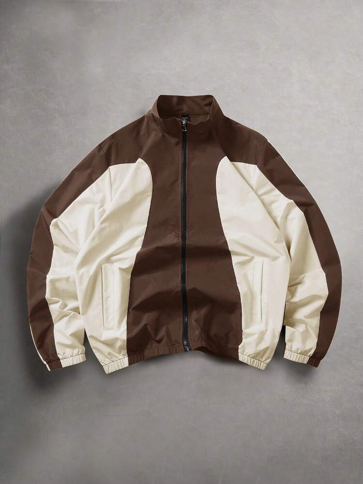 Manfinity ZONE917 Men's Color Block Stand Collar Pocket Casual Versatile Long Sleeve Jacket - Coffee Brown - View 1